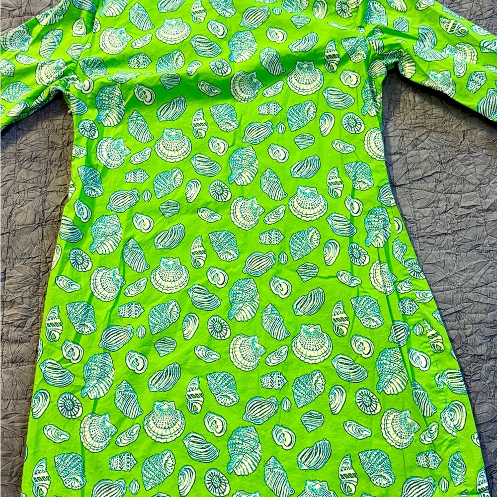 Vtg Lauren Gold Tunic Dress Lime Green Seashell Print Cotton Resort Beach Sz 10 - Picture 8 of 12